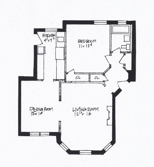 Floor plan for 1 bed, 1 bath, 752 sqft